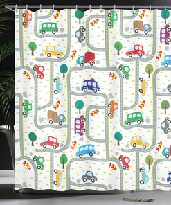 Vibrant Cars Shower Curtain, Driving on The Roads Traffic Urban Themed Design in Apple Green Multicolor Bathroom Decor