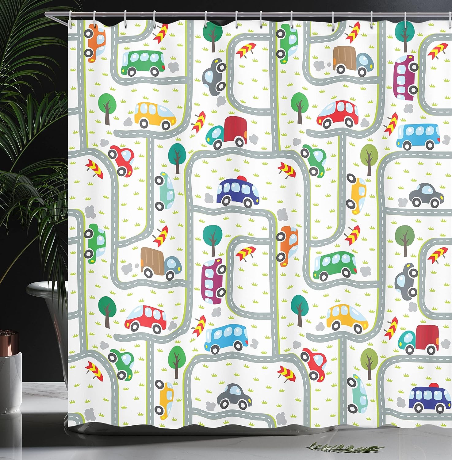 Vibrant Cars Shower Curtain, Driving on The Roads Traffic Urban Themed Design in Apple Green Multicolor Bathroom Decor