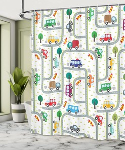 Vibrant Cars Shower Curtain, Driving on The Roads Traffic Urban Themed Design in Apple Green Multicolor Bathroom Decor