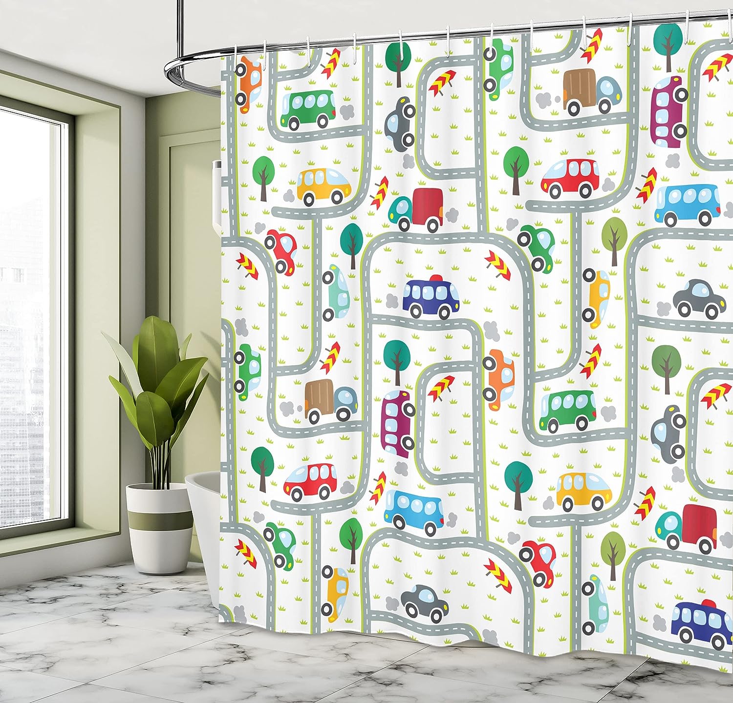 Vibrant Cars Shower Curtain, Driving on The Roads Traffic Urban Themed Design in Apple Green Multicolor Bathroom Decor