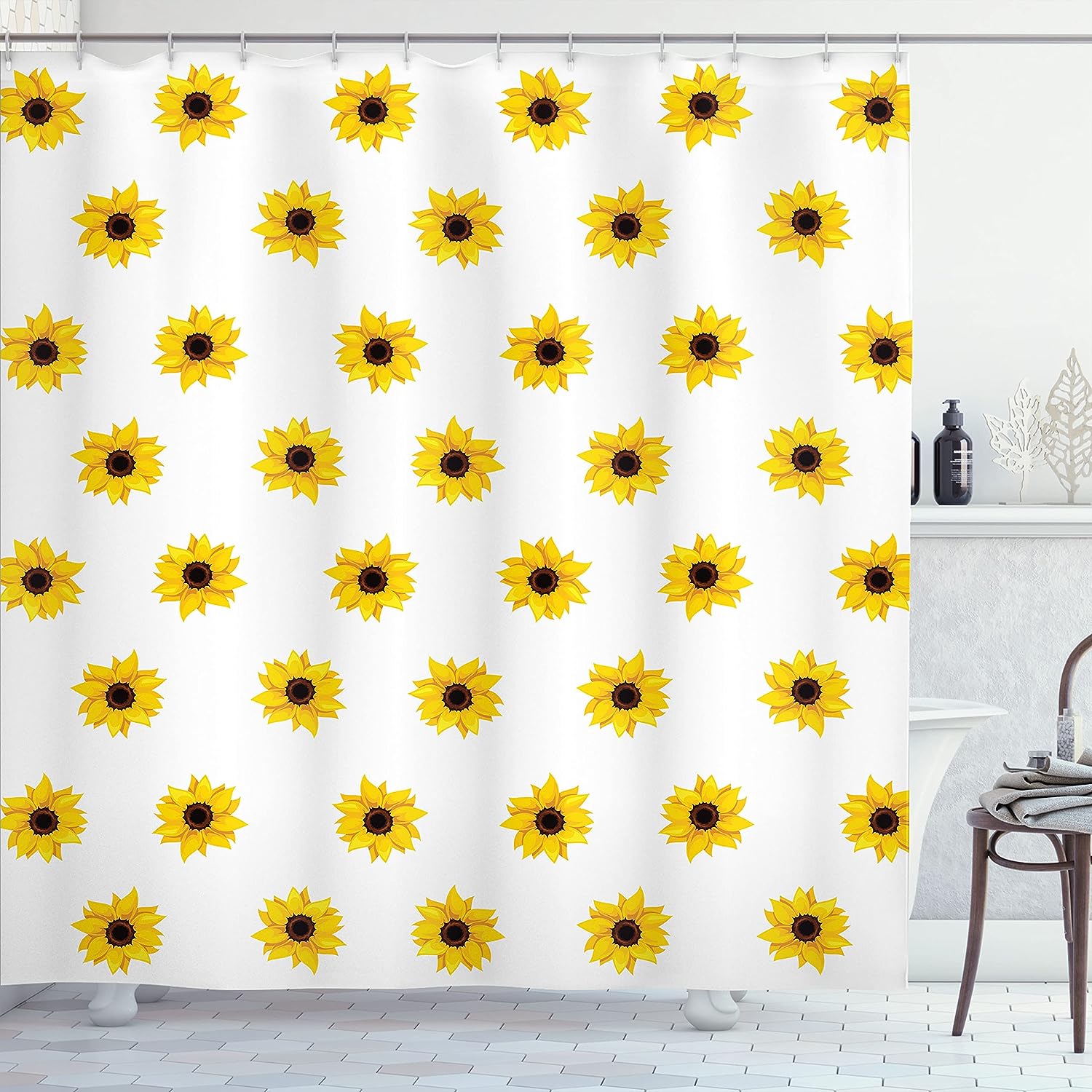 Vibrant Sunflower Shower Curtain, Pattern on White Background, Bathroom Curtain