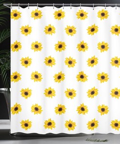 Vibrant Sunflower Shower Curtain, Pattern on White Background, Bathroom Curtain