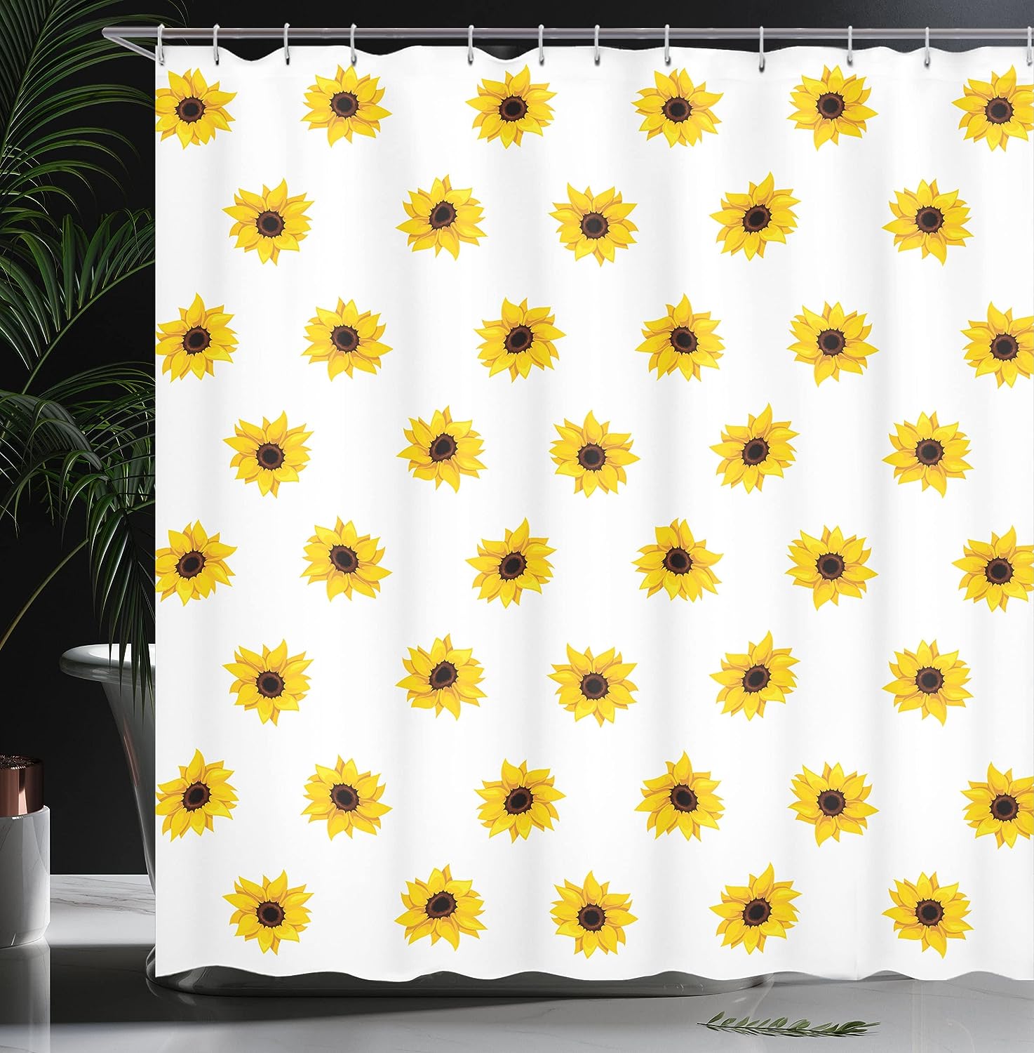 Vibrant Sunflower Shower Curtain, Pattern on White Background, Bathroom Curtain