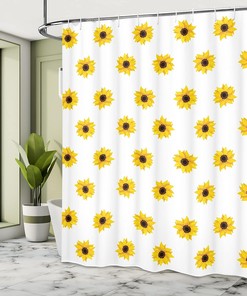 Vibrant Sunflower Shower Curtain, Pattern on White Background, Bathroom Curtain