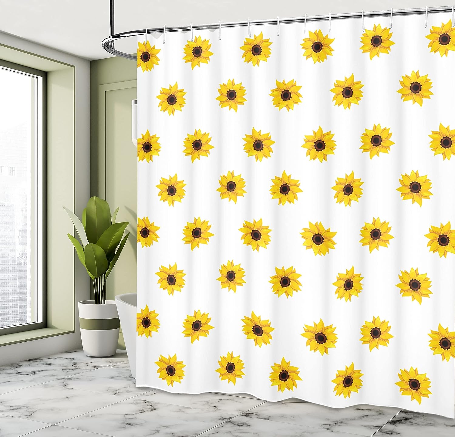 Vibrant Sunflower Shower Curtain, Pattern on White Background, Bathroom Curtain