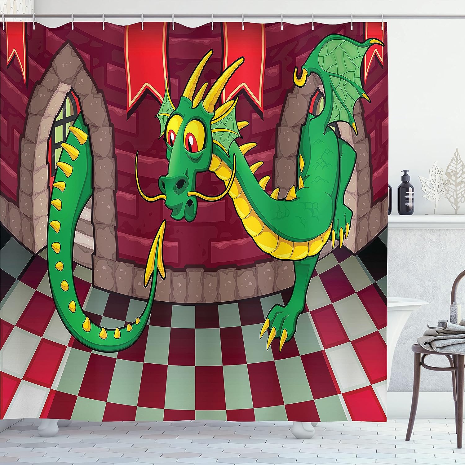 Video Game Castle Shower Curtain, Dragon Fantasy World Medieval Illustration in Ruby Green Bathroom Decor