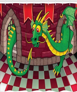Video Game Castle Shower Curtain, Dragon Fantasy World Medieval Illustration in Ruby Green Bathroom Decor