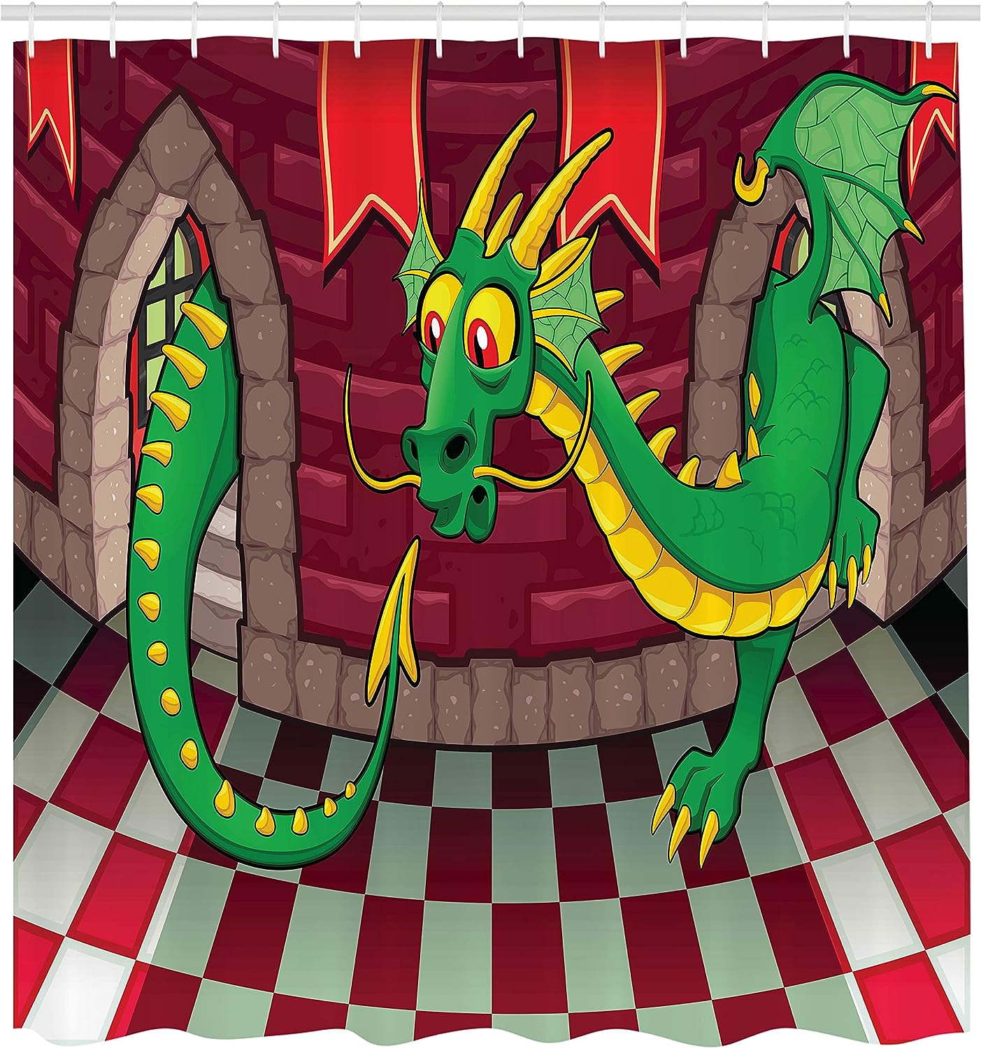 Video Game Castle Shower Curtain, Dragon Fantasy World Medieval Illustration in Ruby Green Bathroom Decor