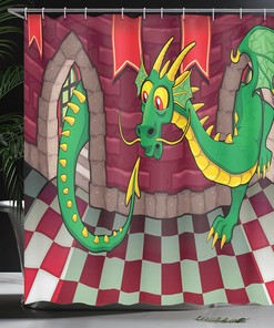 Video Game Castle Shower Curtain, Dragon Fantasy World Medieval Illustration in Ruby Green Bathroom Decor