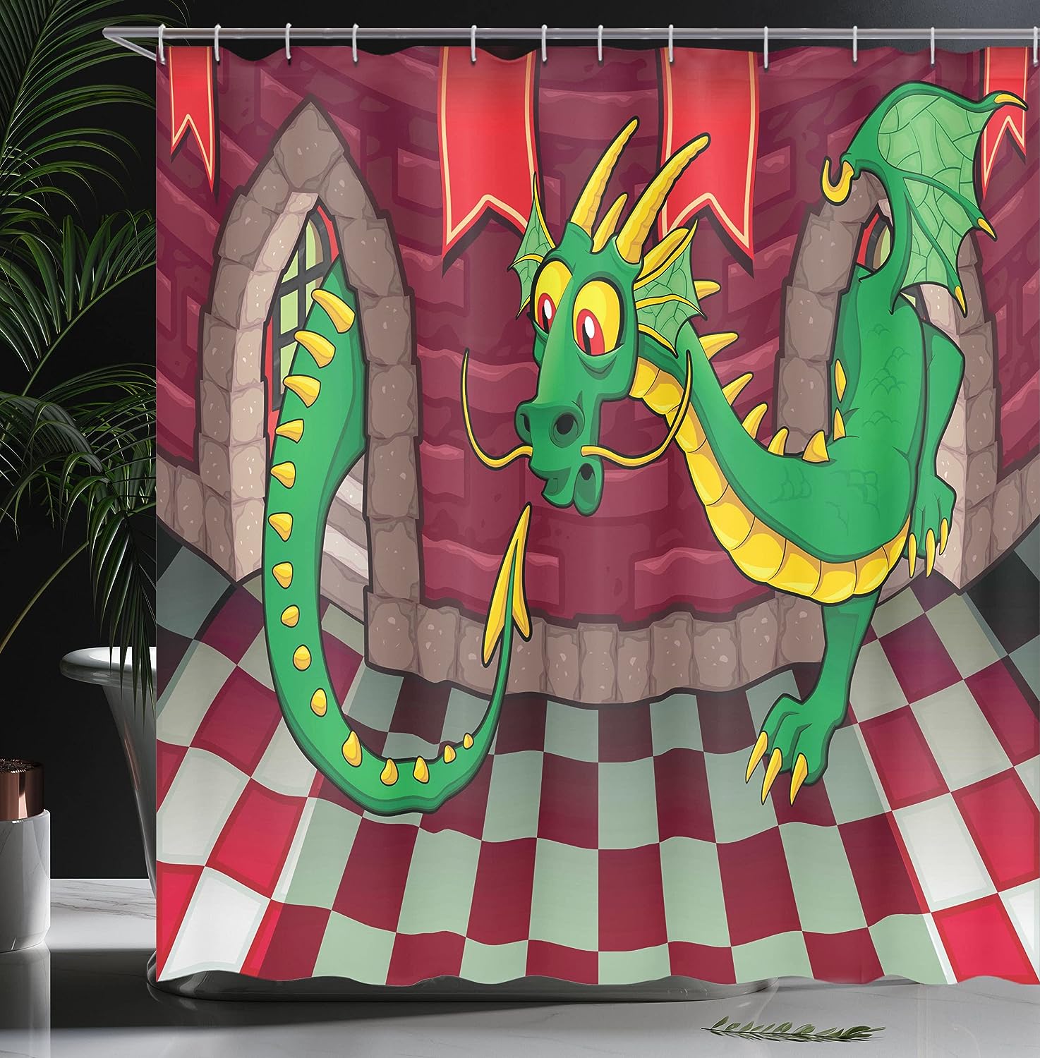 Video Game Castle Shower Curtain, Dragon Fantasy World Medieval Illustration in Ruby Green Bathroom Decor
