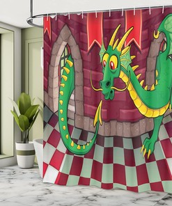 Video Game Castle Shower Curtain, Dragon Fantasy World Medieval Illustration in Ruby Green Bathroom Decor