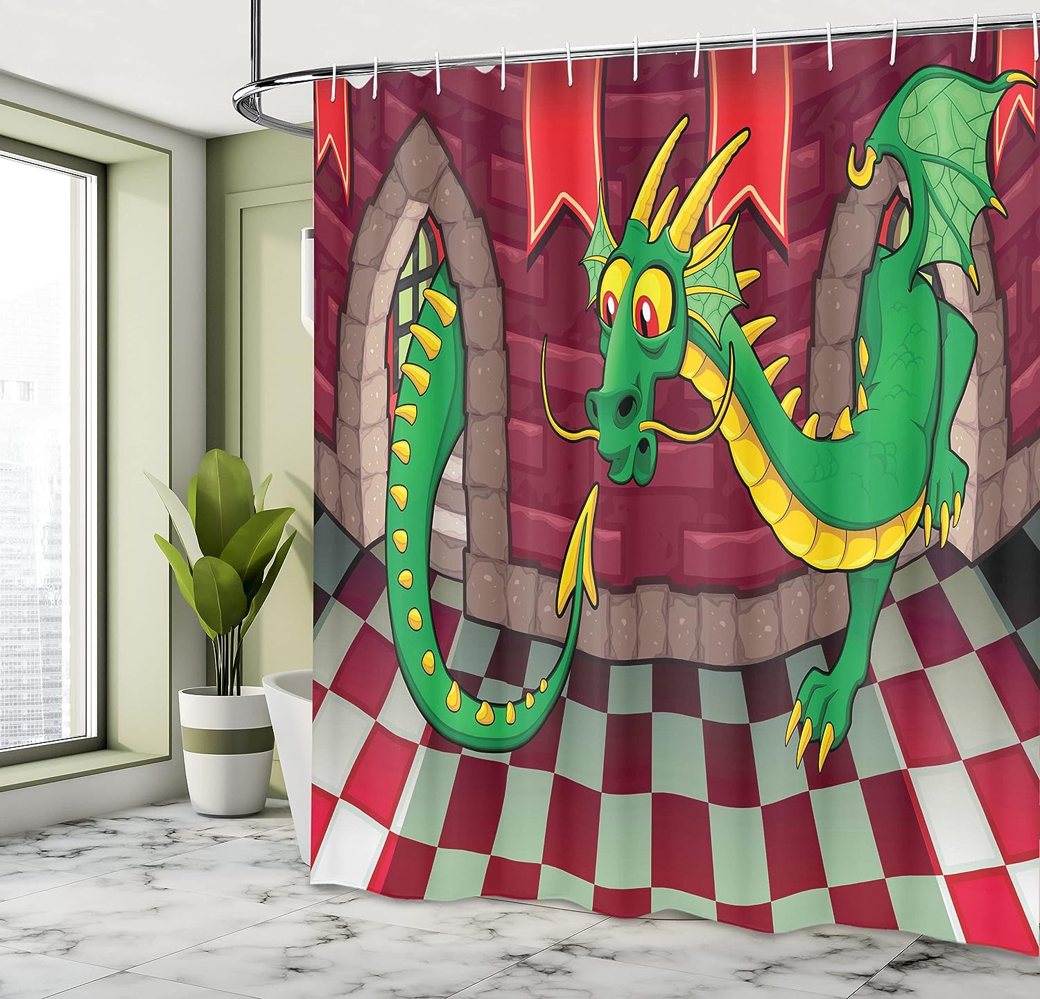 Video Game Castle Shower Curtain, Dragon Fantasy World Medieval Illustration in Ruby Green Bathroom Decor