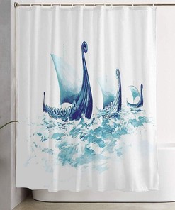 Vikings Ships Drakkars Water Warship Shower Curtain with Nordic Medieval Artwork - Nautical Wooden Transportation Shower Curtain Set