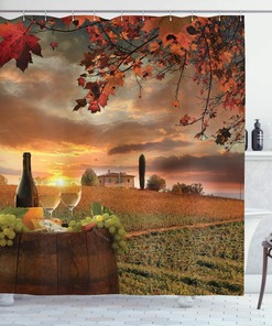 Vineyard Winery Shower Curtain, White Wine on Vineyard at Chianti Tuscany Sunset, Cloth Bathroom Decor, Apple Green 