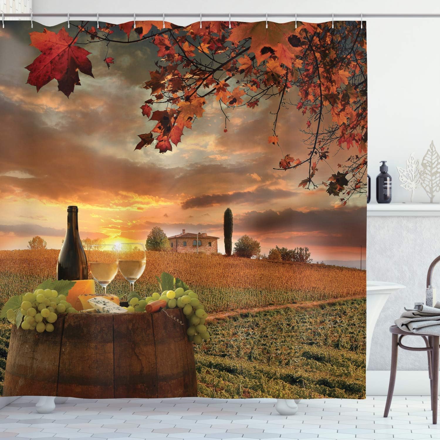 Vineyard Winery Shower Curtain, White Wine on Vineyard at Chianti Tuscany Sunset, Cloth Bathroom Decor, Apple Green
