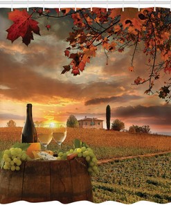 Vineyard Winery Shower Curtain, White Wine on Vineyard at Chianti Tuscany Sunset, Cloth Bathroom Decor, Apple Green