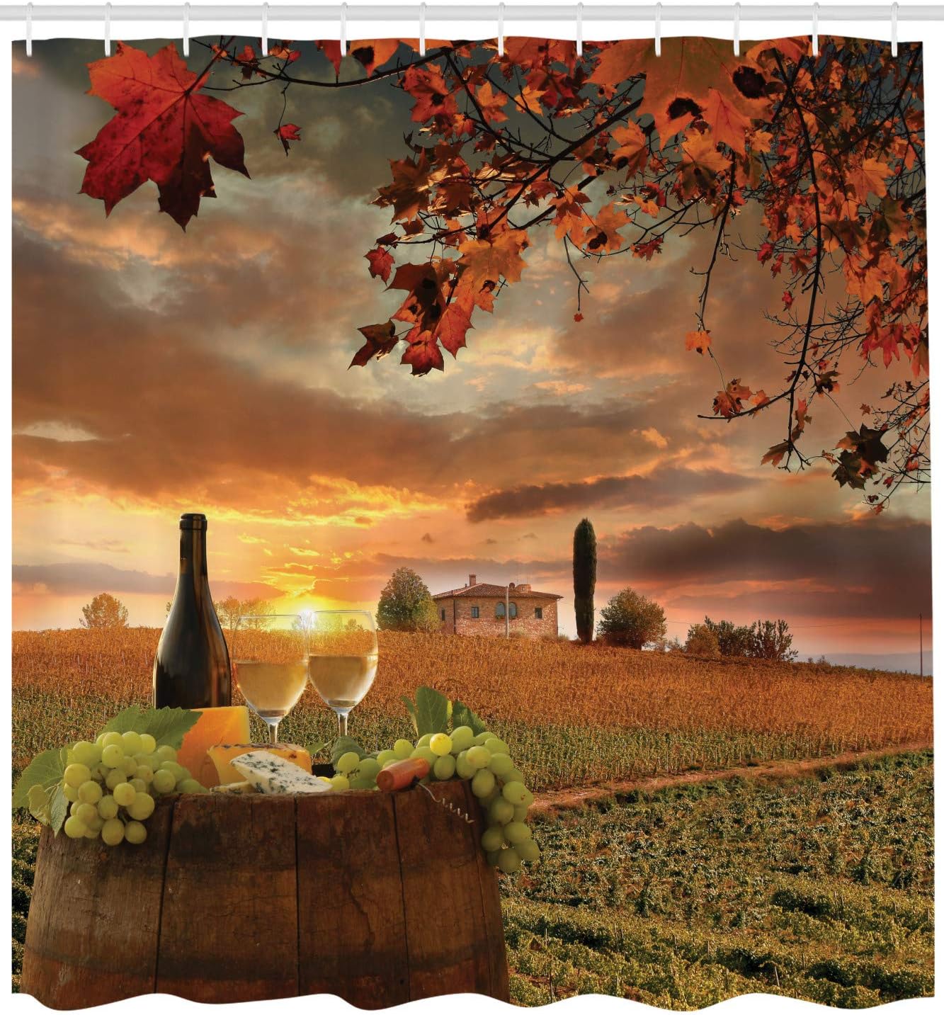Vineyard Winery Shower Curtain, White Wine on Vineyard at Chianti Tuscany Sunset, Cloth Bathroom Decor, Apple Green