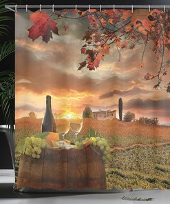Vineyard Winery Shower Curtain, White Wine on Vineyard at Chianti Tuscany Sunset, Cloth Bathroom Decor, Apple Green