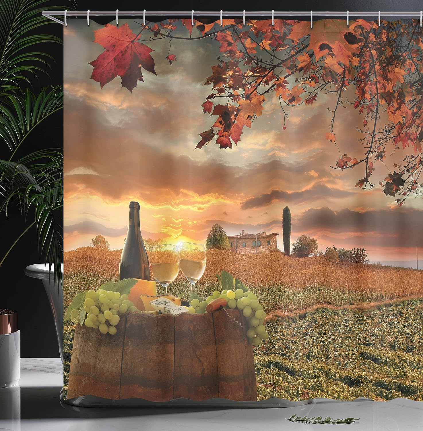 Vineyard Winery Shower Curtain, White Wine on Vineyard at Chianti Tuscany Sunset, Cloth Bathroom Decor, Apple Green