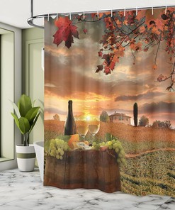 Vineyard Winery Shower Curtain, White Wine on Vineyard at Chianti Tuscany Sunset, Cloth Bathroom Decor, Apple Green