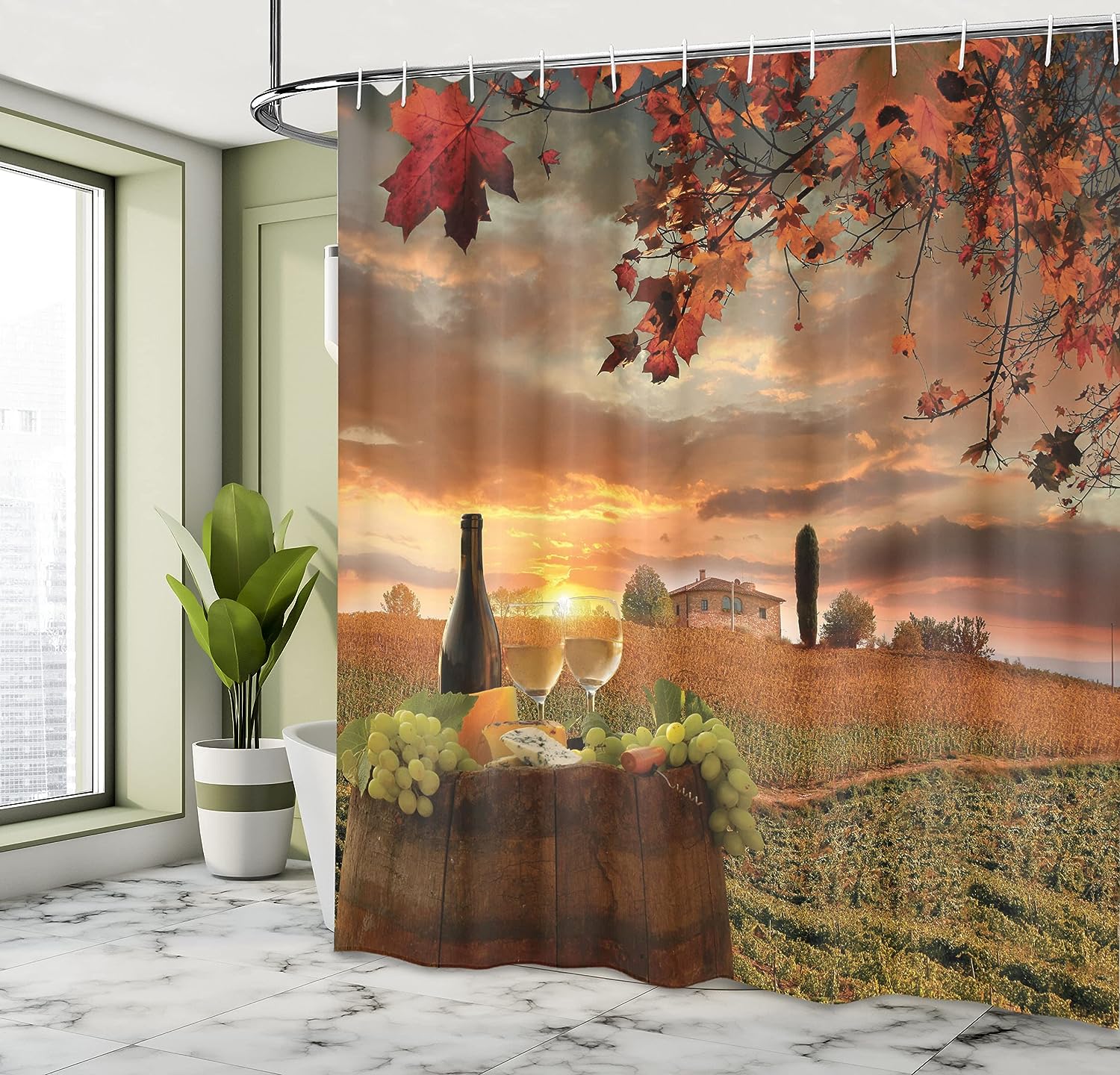Vineyard Winery Shower Curtain, White Wine on Vineyard at Chianti Tuscany Sunset, Cloth Bathroom Decor, Apple Green