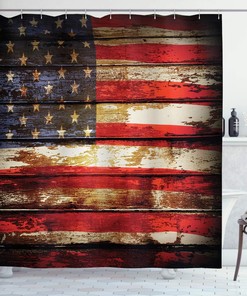 Vintage American Flag Shower Curtain, Rustic Weathered Plank Artwork- Bathroom Decor
