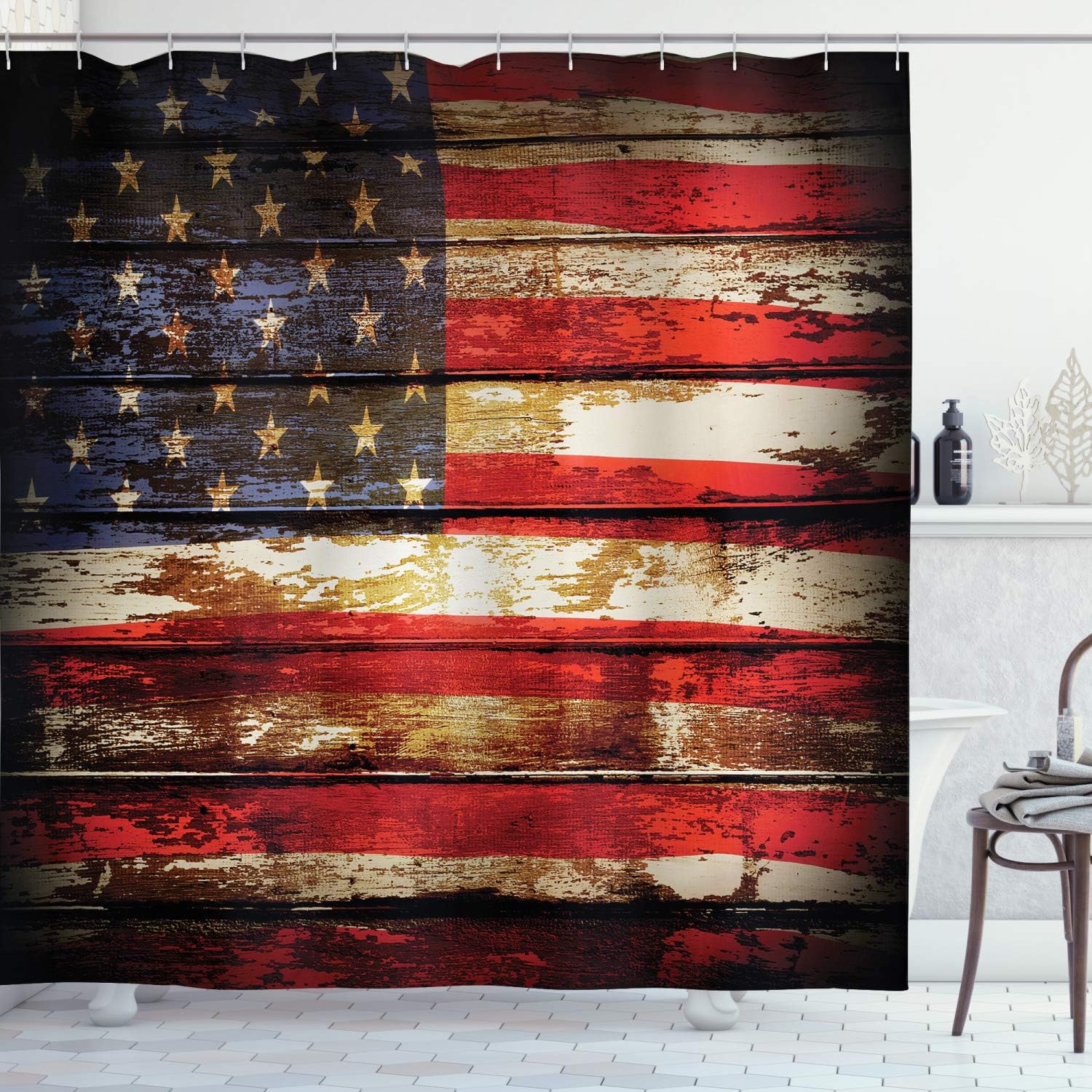 Vintage American Flag Shower Curtain, Rustic Weathered Plank Artwork- Bathroom Decor