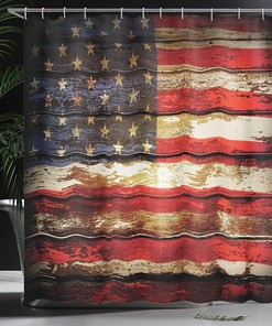 Vintage American Flag Shower Curtain, Rustic Weathered Plank Artwork- Bathroom Decor