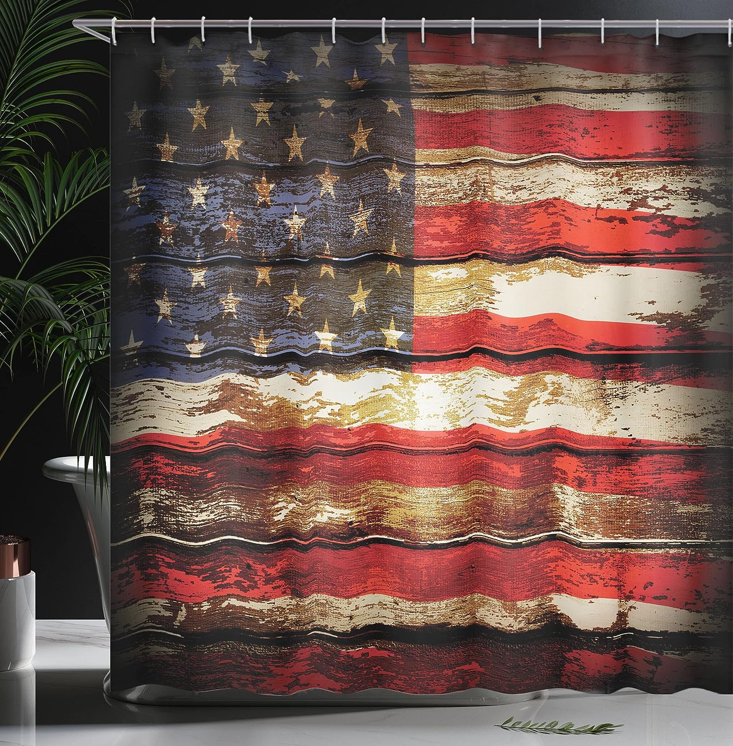 Vintage American Flag Shower Curtain, Rustic Weathered Plank Artwork- Bathroom Decor