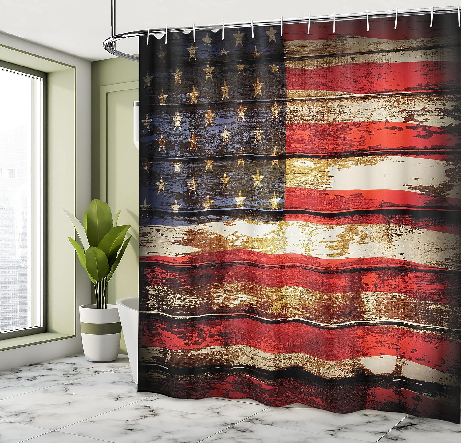 Vintage American Flag Shower Curtain, Rustic Weathered Plank Artwork- Bathroom Decor