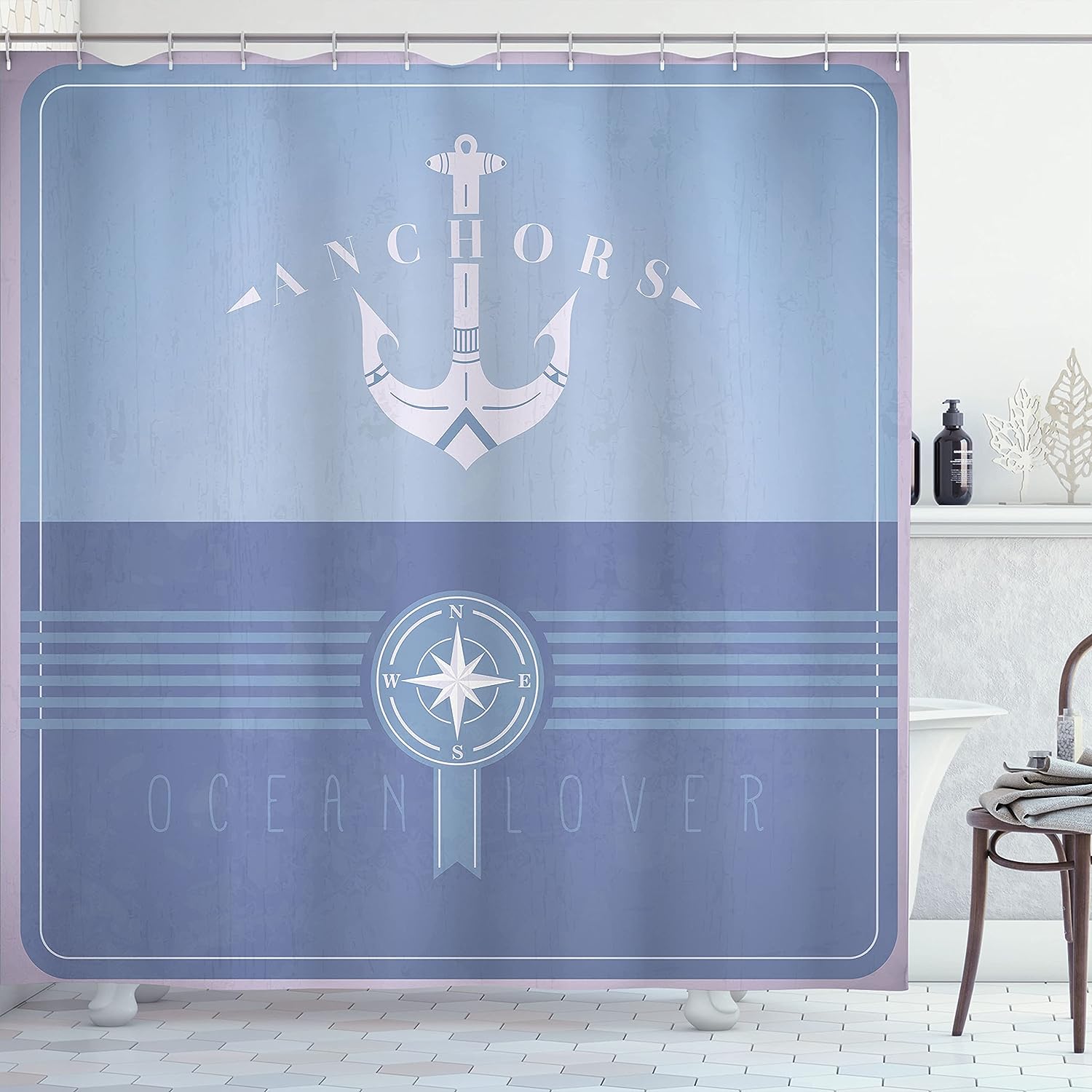 Vintage Anchor Compass Nautical Shower Curtain Dark Ceiling Bathroom Decor