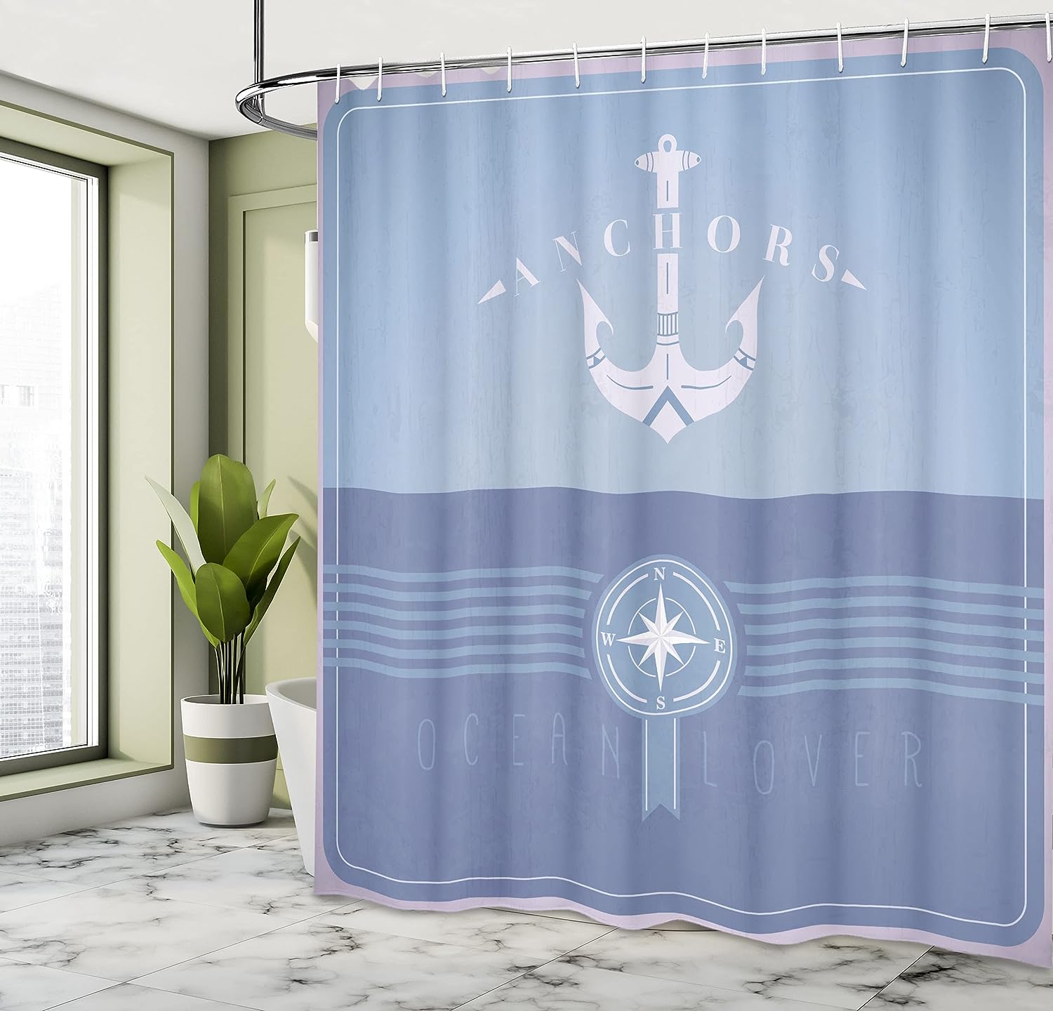 Vintage Anchor Compass Nautical Shower Curtain Dark Ceiling Bathroom Decor