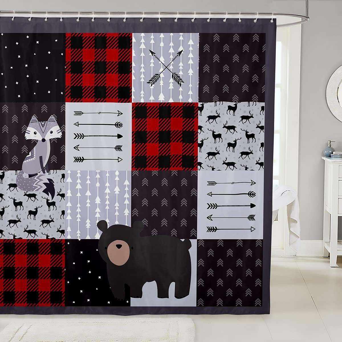 Vintage Arrow Bear and Fox Waterproof Heavy Fabric Shower Curtain Perfect for Rustic Bathroom Decor