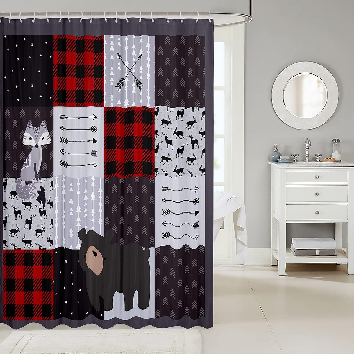 Vintage Arrow Bear and Fox Waterproof Heavy Fabric Shower Curtain Perfect for Rustic Bathroom Decor