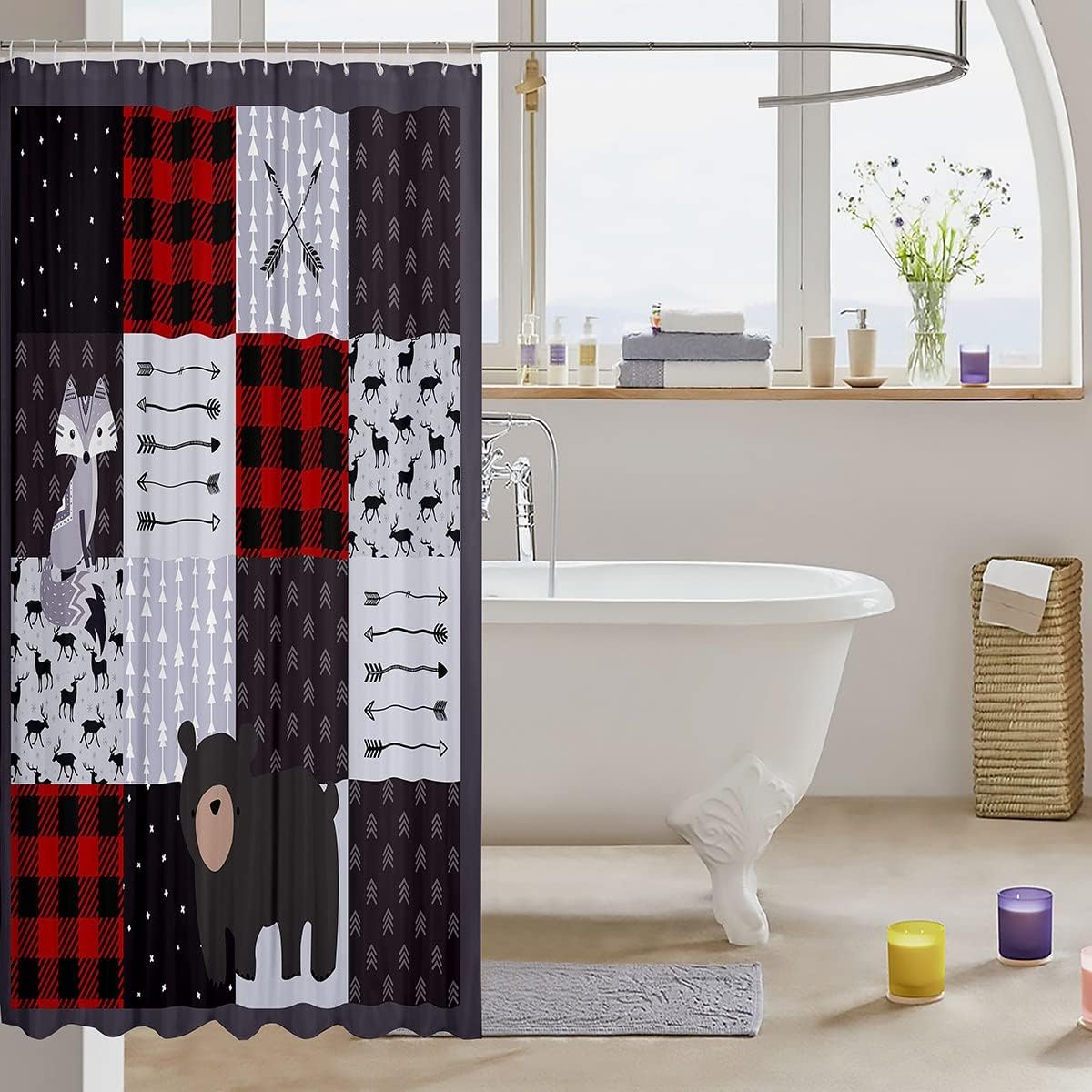 Vintage Arrow Bear and Fox Waterproof Heavy Fabric Shower Curtain Perfect for Rustic Bathroom Decor