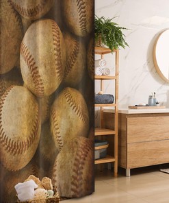 Vintage Baseball Stall Shower Curtain, American Sports Theme Leather Retro Balls Artwork Fabric Bathroom Decor