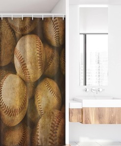 Vintage Baseball Stall Shower Curtain, American Sports Theme Leather Retro Balls Artwork Fabric Bathroom Decor