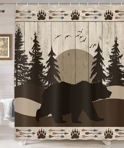 Vintage Bath Decor Fabric Shower Curtain with Bear Hunter Camper and Forest Design
