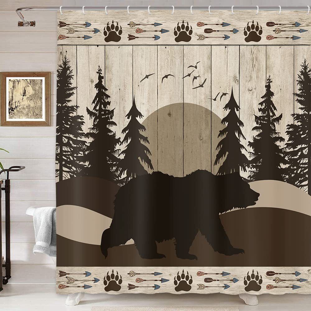 Vintage Bath Decor Fabric Shower Curtain with Bear Hunter Camper and Forest Design
