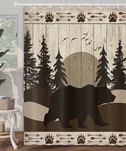 Vintage Bath Decor Fabric Shower Curtain with Bear Hunter Camper and Forest Design