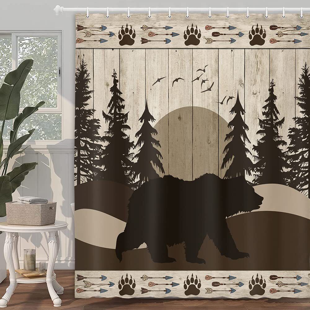 Vintage Bath Decor Fabric Shower Curtain with Bear Hunter Camper and Forest Design