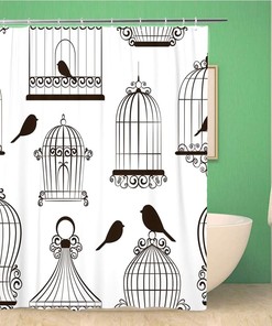 Vintage Bird Cages Pattern Shower Curtain - Brown Birdcage Antique Black Canaryes Bathroom Decor