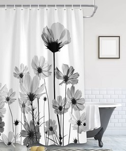 Vintage Black Gray Watercolor Flower Fabric Shower Curtain