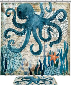 Vintage Blue Octopus Map Shower Curtain | Home Decor Bathroom Curtain