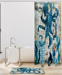 Vintage Blue Octopus Map Shower Curtain | Home Decor Bathroom Curtain