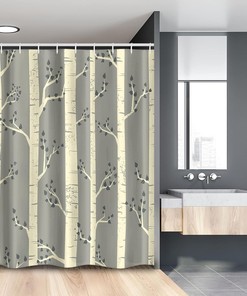 Vintage Bohemian Tree Shower Curtain, Branches Illustration in Pale Yellow and Warm Taupe, Fabric Bathroom Decor