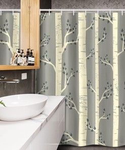 Vintage Bohemian Tree Shower Curtain, Branches Illustration in Pale Yellow and Warm Taupe, Fabric Bathroom Decor