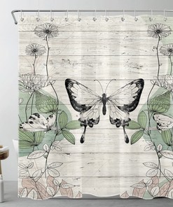 Vintage Botanical Floral Butterfly Shower Curtain for Rustic Bathroom Decor