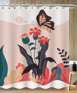 Vintage Botanical Flower and Bee Pattern Shower Curtain with Minimalist Bohemia Art Style Bathroom Curtain