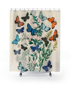 Vintage Butterfly and Shabby Chic Boho Shower Curtain with Floral Design